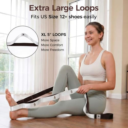 Slim Panda Stretching Strap with Loops - Non-Elastic Heavy Duty Nylon Yoga & PT - Oversized Multi-Loop Home Rehab - Hamstring Shoulder Pilates Flexibility - color: Beige