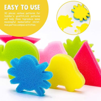 30Pcs Sponge Painting Shapes, Painting Craft Sponge | with Different Shape Colorful Paint Sponges for Kids Early Learning Finger Paint Brushes Foam Art Drawing Tools - style: 3F-PatternBrush30PCS