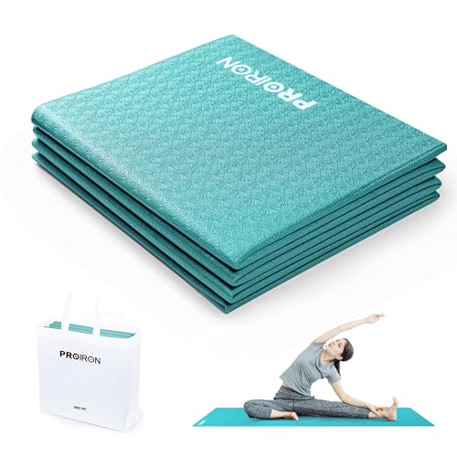 PROIRON 홈 운동 및 여행용 두꺼운 접이식 요가 매트, 미끄럼 방지 요가 매트, 보관 가방 포함, 홈 체육관, 필라테스, 피트니스, 스트레칭용 휴대용 요가 매트, 4mm/6mm - color: (0.4cm(0.15인치) PVC) 터키석