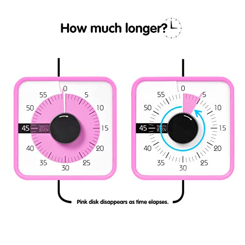 TWENTY5 SEVEN Countdown Timer 7.5 inch; 60 Minute 1 Hour Visual Timer – Classroom Teaching Tool Office Meeting, Mechanical Countdown Clock for Kids Exam Time Management Magnetic, Pink - color: Pink