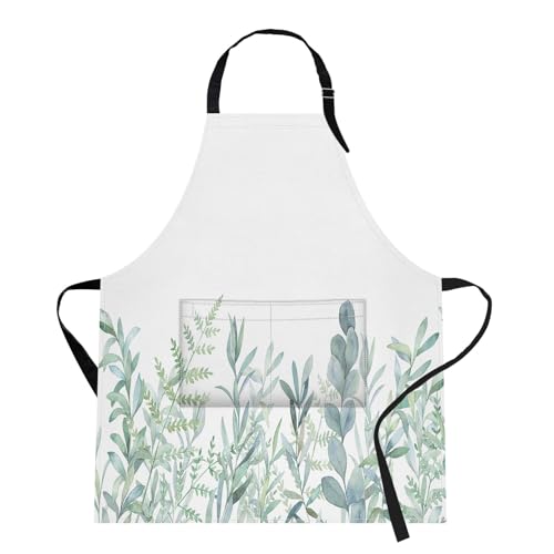 Apron with Pockets, 32x28 inch, for Women Men, Leaves Green | Floral Botanical Waterproof Adjustable Bib Aprons for Kitchen Cooking Baking Painting Gardening - color: Green Plants