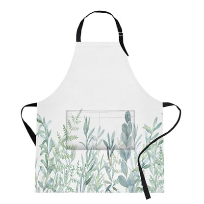 Apron with Pockets, 32x28 inch, for Women Men, Leaves Green | Floral Botanical Waterproof Adjustable Bib Aprons for Kitchen Cooking Baking Painting Gardening - color: Green Plants
