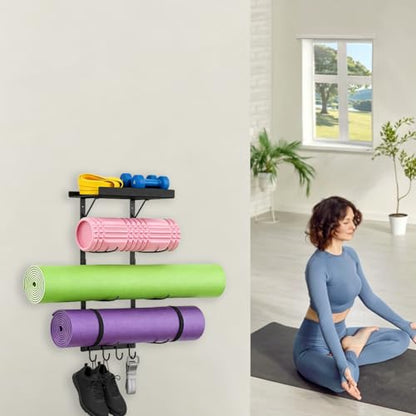 DICOSMETIC 1Set Yoga Mat Holder Wall Mount Metal Home Gym Rack with Floating Shelves and and 4 Hooks Hanging Yoga Mat Storage Rack for Stretching Strap Resistance Bands Yogas Accessories