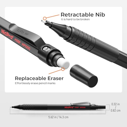 Nicpro 22PCS Art Mechanical Pencil Set， Metal Drawing Sketching With Eraser | Pencil Black Artist Drafting 0.5 & 0.7 & 0.9 mm & 2PCS 2mm Graphite Holder(4B 2B HB 2H) for Writing With Lead Refills Case - color: Black, style: 0.5 0.7 0.9 2.0