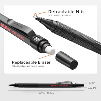 Nicpro 22PCS Art Mechanical Pencil Set， Metal Drawing Sketching With Eraser | Pencil Black Artist Drafting 0.5 & 0.7 & 0.9 mm & 2PCS 2mm Graphite Holder(4B 2B HB 2H) for Writing With Lead Refills Case - color: Black, style: 0.5 0.7 0.9 2.0
