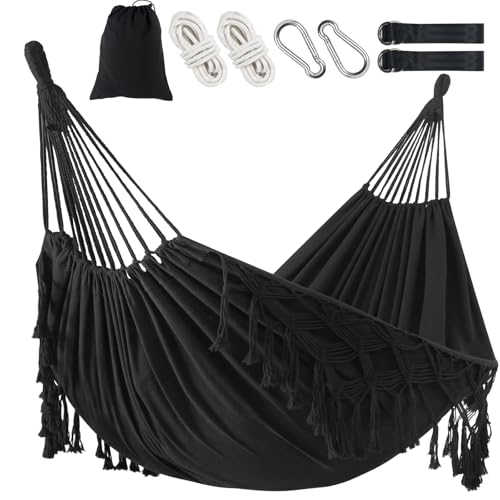 Brazilian Style Double Hammock with Fringe, 2 Person Patio Hammock for Backyard & Indoor Relaxation, Soft Breathable Fabric, Easy Setup with Straps & Carry Bag, 360 lbs Capacity - color: Black