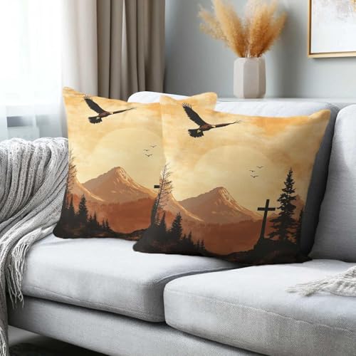Mountain Throw Pillow Covers 18x18 Set of 2 | Christian Cross Decorative Cushion Covers | Rustic Faith Pillowcases for Sofa Couch Bed Cabin Lodge Living Room Home Decor - color: Mountain Cross