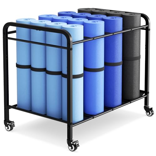 Heavy-Duty Rolling Yoga Mat Storage Cart, Holds 16+ Mats, Commercial-Grade Floor-Standing Metal Yoga Mat Rack for Gym,Fitness Classes, Yoga Studio & Home Gym, Black