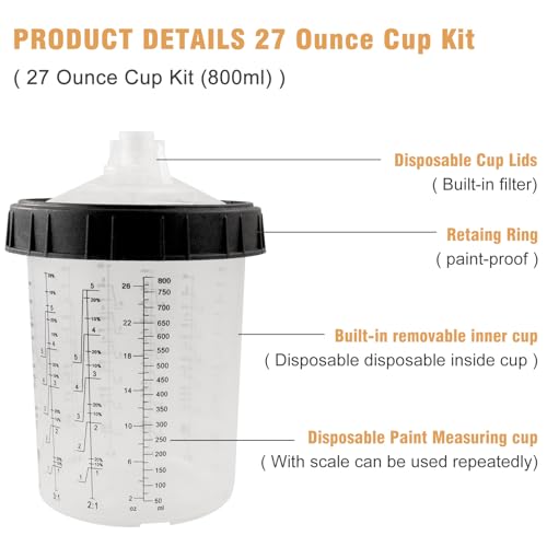 RRJ Disposable Paint Cup Automotive Spray Gun Paint System, for LVLP/HVLP Spray Gun Kit 27 Ounce(800ML) Mixing Cups with 50 Liners and Lids, 1 Hard Cup with Retainer Ring, 2 Adapter, Stirrer - color: 27 Ounce (800ml) Kit-50PCS