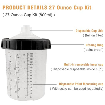 RRJ Disposable Paint Cup Automotive Spray Gun Paint System, for LVLP/HVLP Spray Gun Kit 27 Ounce(800ML) Mixing Cups with 50 Liners and Lids, 1 Hard Cup with Retainer Ring, 2 Adapter, Stirrer - color: 27 Ounce (800ml) Kit-50PCS