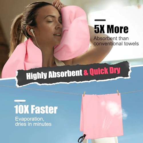 Quick Dry Travel Towel, 3 Sizes 1 Pack Camping Microfiber Towel, Lightweight Fast Drying Towels Set 60"x30", 30"x15", 15"x15" w/Bag for Gym, Beach, Hiking, Swimming, Pink - color: Pink