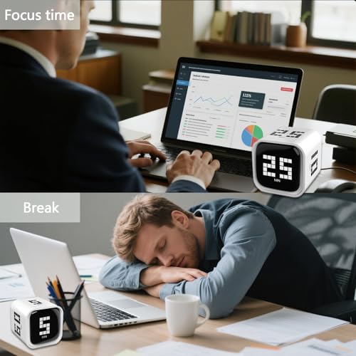 Rotating Focus Timer, 5/25/10/60-Minute Pomodoro Timer, Desk Flip Countdown with Vibration & Volume Control, ADHD-Friendly Tool for Office, Study, and Kitchen (White) - color: White