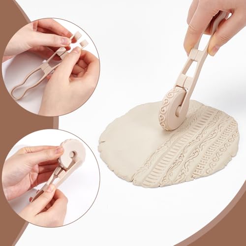 UNICRAFTALE 6Pcs Clay Texture Rollers Set with Interchangeable Rollers and Handle Antique White Polymer Tools Clay Stamp Roller for Pottery Ceramic DIY Crafts 2.15x0.55 Inch