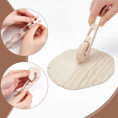 UNICRAFTALE 6Pcs Clay Texture Rollers Set with Interchangeable Rollers and Handle Antique White Polymer Tools Clay Stamp Roller for Pottery Ceramic DIY Crafts 2.15x0.55 Inch