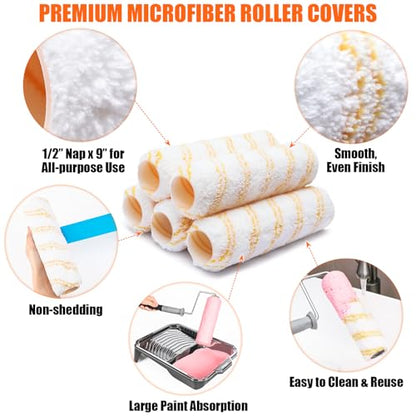 6pcs House Paint Roller Kit, 9 inch Extendable Roller Frame with 5 Microfiber Roller Covers 1/2" Nap, Adjustable Painting Roller (18" - 36") for Walls, Ceilings, Floor, Home Painting Supplies