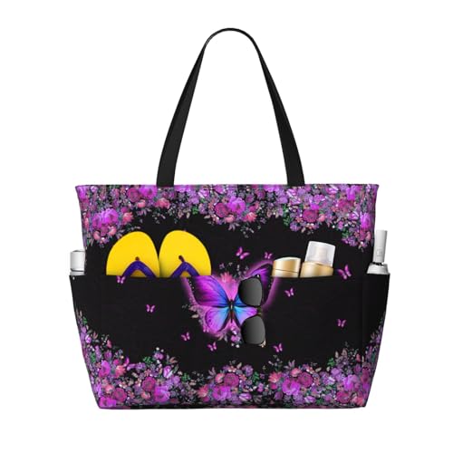Large Beach Bag for Women Waterproof Foldable Travel Shoulder Tote Bag with Pocket for Weekender Pool Vacation - color: Butterfly Purple