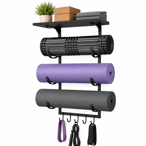 Wall Mount Yoga Mat Storage Rack, Heavy Duty Iron Organizer with 3-Tier J-Hooks, Wide Top Shelf and 5-Hook Bottom Rail for Yoga Mats, Foam Rollers, Blocks and Home Gym Accessories - color: Black