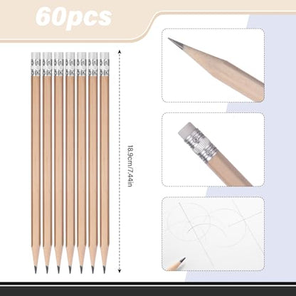 TecUnite 60 Pcs HB Pencils #2 Unsharpened Wood Cased Pencils with Eraser Hexagonal Pencil Cute Graphite No 2 Pen for Adults Gifts Exam School Office Sketching Learning (Wood Color, Silver) - color: Wood Color, Silver