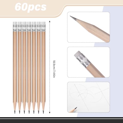TecUnite 60 Pcs HB Pencils #2 Unsharpened Wood Cased Pencils with Eraser Hexagonal Pencil Cute Graphite No 2 Pen for Adults Gifts Exam School Office Sketching Learning (Wood Color, Silver) - color: Wood Color, Silver
