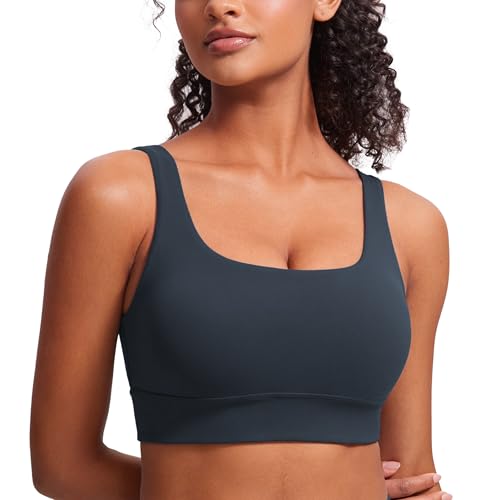 CRZ YOGA Butterluxe U Back Sports Bras | Light Support, Removable Pads, Yoga, Extremely Soft, Longline, Scoop Neck, Wide Straps, for Women - color: True Navy, size: Small
