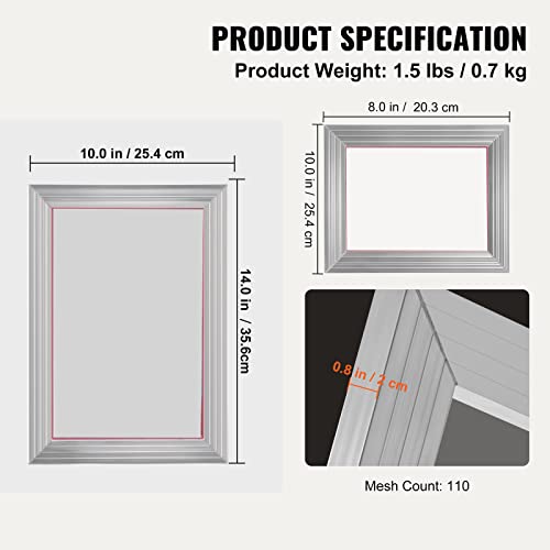 VEVOR Screen Printing Kit, 2 Pieces Aluminum Silk Screen Printing Frames 8x10/10x14in 110 Count Mesh, 2 Tapes and Screen Printing Squeegees and Transparency Films for T-Shirts DIY Printing - size: 8x10/10x14in-2