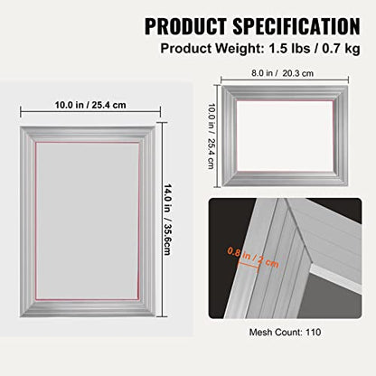 VEVOR Screen Printing Kit, 2 Pieces Aluminum Silk Screen Printing Frames 8x10/10x14in 110 Count Mesh, 2 Tapes and Screen Printing Squeegees and Transparency Films for T-Shirts DIY Printing - size: 8x10/10x14in-2