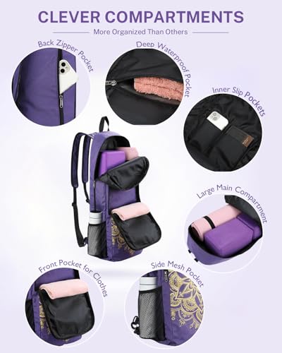 Gonex Yoga Mat Bag Convertible Backpack Blocks Carrier with Wet Pocket | 600D Polyester, Fits Most Yoga Mats，Multiple Compartment, Padded Straps, 2 Carry Ways, Gym, Travel & Daily Use - color: Purple