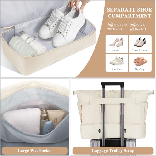 Gym Bag for Women, 45L Carry On Travel Duffel Bag with Shoes Compartment - color: Beige, size: Large