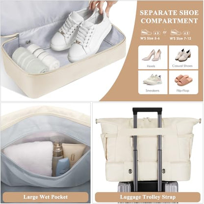Gym Bag for Women, 45L Carry On Travel Duffel Bag with Shoes Compartment - color: Beige, size: Large