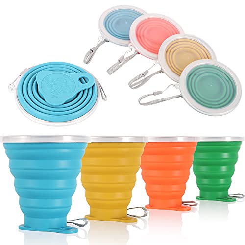ME.FAN Silicone Collapsible Travel Cup - Silicone Folding Camping Cup with Lids - Expandable Drinking Cup Set - Portable, Graduated [9.22oz] - color: 4 Pack-Bright Orange-Bottle Green-Skyblue-Ginger