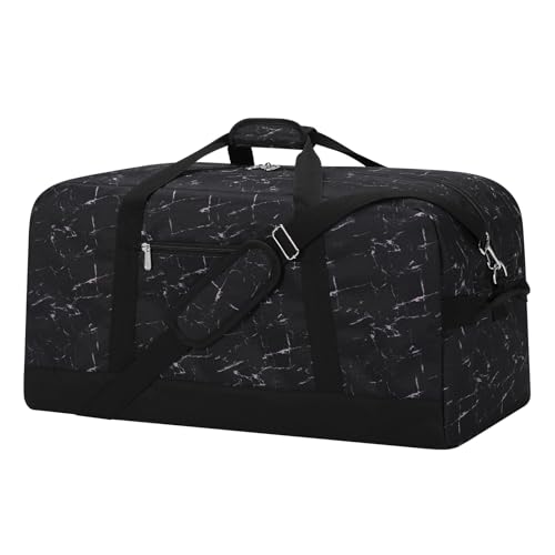 55L Mens Duffle Bag for Travel - 25 inch Sports Duffel Bag with Hard Bottom - Marble Black - color: Marble Black