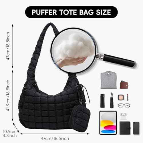 Puffer Tote Bag for Women, Large Quilted Puffer Bag with Pouch, Puffy Quilted Hobo Bag, Puff Crossbody Purse - color: 2-black