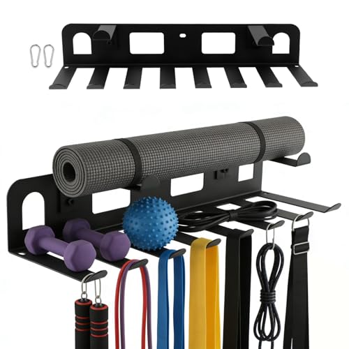Wall Mounted Gym Equipment Storage Rack, Heavy Duty Steel Organizer with Top Floating Shelf, 2-Tiers Holding for Yoga Mat, Resistance Bands, Jump Ropes and Lifting Belts, Black