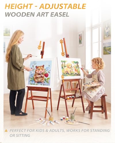 Painting Easel Stand with Storage Tray, 57"-72" Height Adjustable Art Easel | Non-foldable beech wood easel, H-frame artist easel stand for painting, Wooden floor easel holds canvas up to 36" - color: Walnut