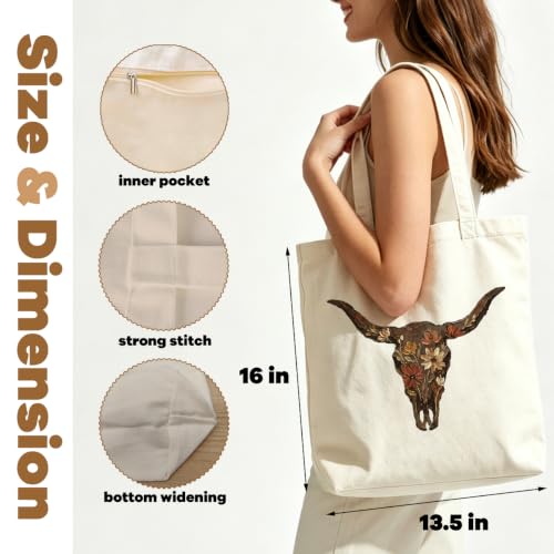 VICBOU Western Cow Skull Canvas Tote Bag for Women Girls, Cowgirl Shoulder Bag with Pocket for Beach Shopping Work - color: Bullskull02