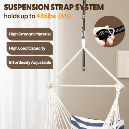 Chihee Hammock Chair Foot Rest 2 Cushions Max 485 lbs Metal Spreader Bar | Robust Hanging Chair Soft Cotton Blended Swing Collapsible Easy Storage Strong Strap Iron Carabiner Pocket Indoor Outdoor - color: Blue/White Stripes