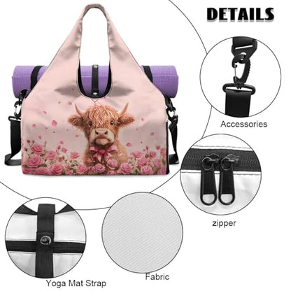 Gym Bag with Yoga Mat Holder Large Tote Bag With Multi Pockets for Women Men Dry Wet Separated Pocket Carryall Yoga Tote Bag for Pilates Travel Workout Office - color: Highland Cattle