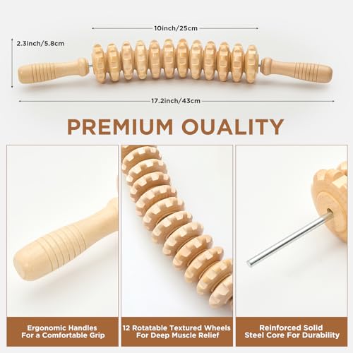 Wooden Cellulite Massage Roller for Legs and Thighs - Handheld Fascia Blaster Tool for Muscle Relief, Lymphatic Drainage & Body Sculpting - Anti Cellulite Massager for Women and Men (12 Wheel) - color: Wooden Bend