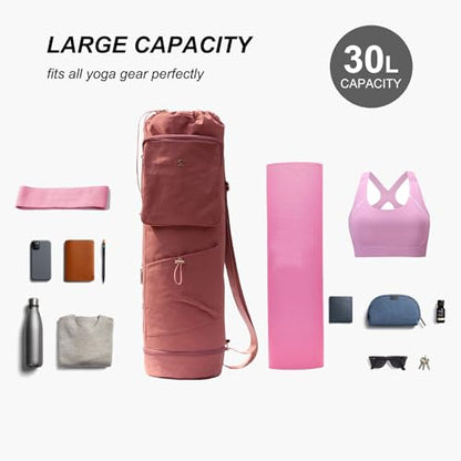 ESVAN Yoga Mat Bag with Multi Pockets Drawstring Yoga Mat Carrier Pilates Exercise Multi-Functional Storage Bag - color: Nylon Pink