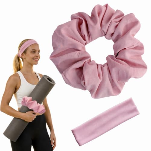 Yoga Mat Scrunchie - Elastic Mat Holder, Fits Standard Yoga Mats | Comes with matching Hair Band, stretchy reinforced stitching, compact for hot yoga, pilates & travel. Yoga mat not included. - color: PINK