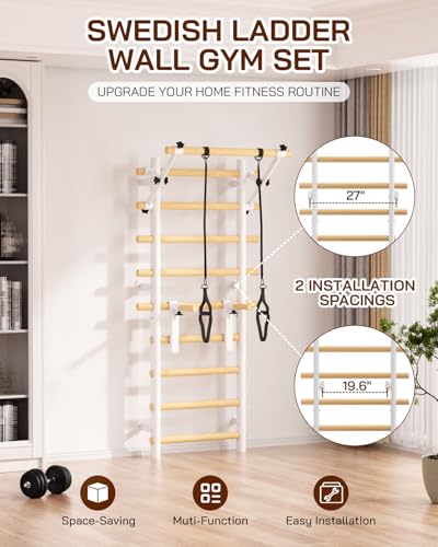 Cofiyard Swedish Ladder Wall Gym, Wooden Wall-Mounted Stall Bars with Pull-up Bar & Exercise Straps & Dip Bars, Stretching Ladder Full Body Home Gym Adults New - color: White