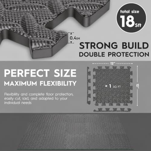 18 Pcs EVA Foam Floor Tiles, Puzzle Exercise Mat Set for Gym | Cover 18 sqft with 12.6" x 12.6" x 0.4" interlocking tiles for home gyms, garages and workout equipment - color: Gray