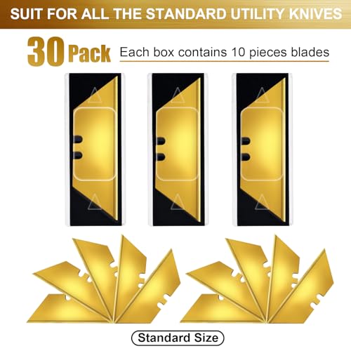 Vickay 30 Pack Box Cutter Blades, SK2 Utility Knife Blades, Razor Blades | Gold Standard Replacement Blades Titanium Coated for Box Cutter Refills, for Cardboard, Leather, Drywall, Carpet, Rope, etc - color: Gold, size: 30 Pack