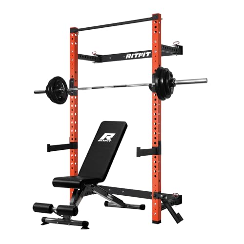 RitFit 2.36'' x 2.36'' Folding Squat Rack for Home Gym, Wall Mounted Squat Rack with Attachments - Space Saving Squat Power Rack - color: Orange, style: Folding Squat Rack with RP140LBS