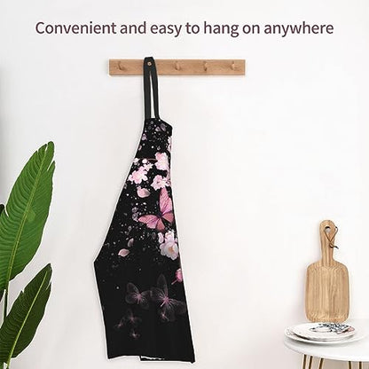 Art Apron with Pocket for Women Men | Kitchen Aprons Chef Apron for Cooking Baking BBQ Painting Gardening - color: Cherry Blossom With Butterflies