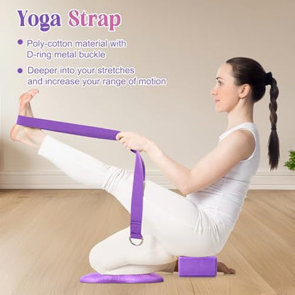 RoundFunny 5 Pcs Yoga Blocks Knee Pads Yoga Strap Set Soft Premium Foam Blocks Accessories for Pilates Meditation General Fitness Stability, Kneeling, Balance, Deepen Stretches and Toning - color: Purple
