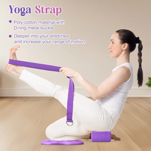 RoundFunny 5 Pcs Yoga Blocks Knee Pads Yoga Strap Set Soft Premium Foam Blocks Accessories for Pilates Meditation General Fitness Stability, Kneeling, Balance, Deepen Stretches and Toning - color: Purple