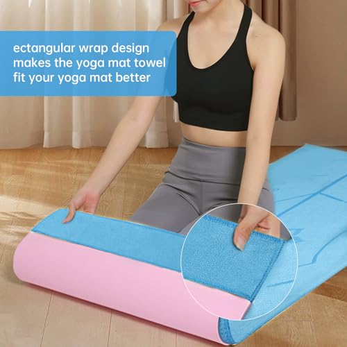 CSITE Yoga Mat Towel with Silicone Grip Dots & Rectangular Wrap Design, Non Slip Hot Yoga Mat Towel with Alignment Line + 1pc Hand Towel, 72” x 24”, Dark Blue