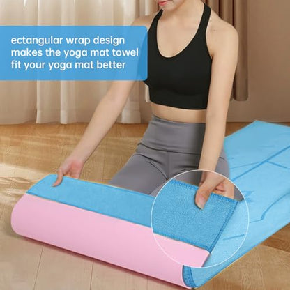 CSITE Yoga Mat Towel with Silicone Grip Dots & Rectangular Wrap Design, Non Slip Hot Yoga Mat Towel with Alignment Line + 1pc Hand Towel, 72” x 24”, Dark Blue