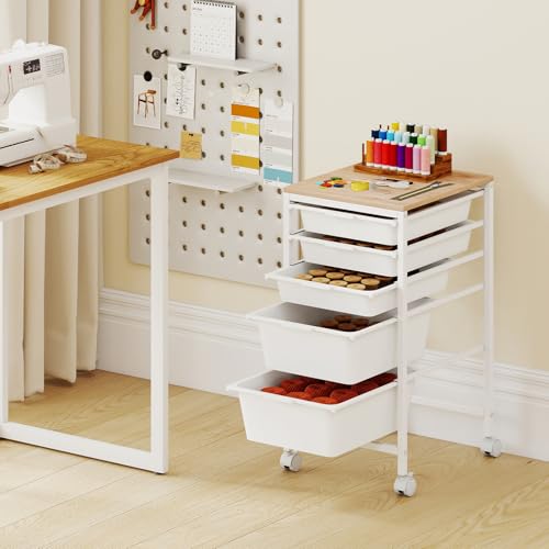 GOFLAME 5-Drawer Rolling Storage Cart, Craft Storage Cart with Wooden Tabletop and Lockable Wheels, Art Cart Supply Storage Organizer with Metal Frame for Home Office Classroom, White - color: White, size: 5-Drawer with Wood Top